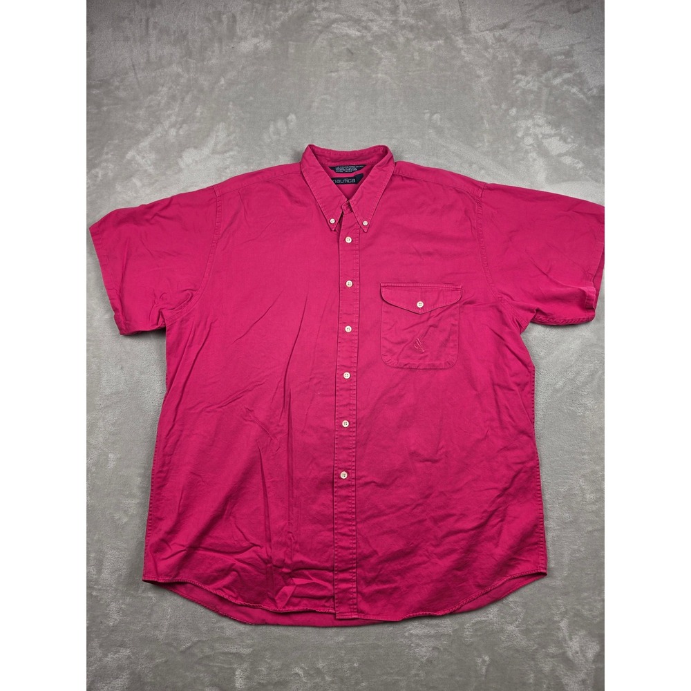 Vintage Nautica Button Down Shirt Mens XL Pink Short Sleeve Cotton Pocket Casual